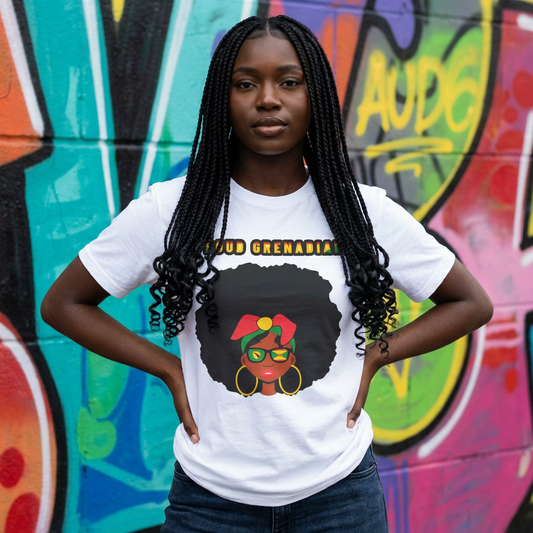 Proud Grenadian T-Shirt — Afro Woman with Headwrap & Bold Text