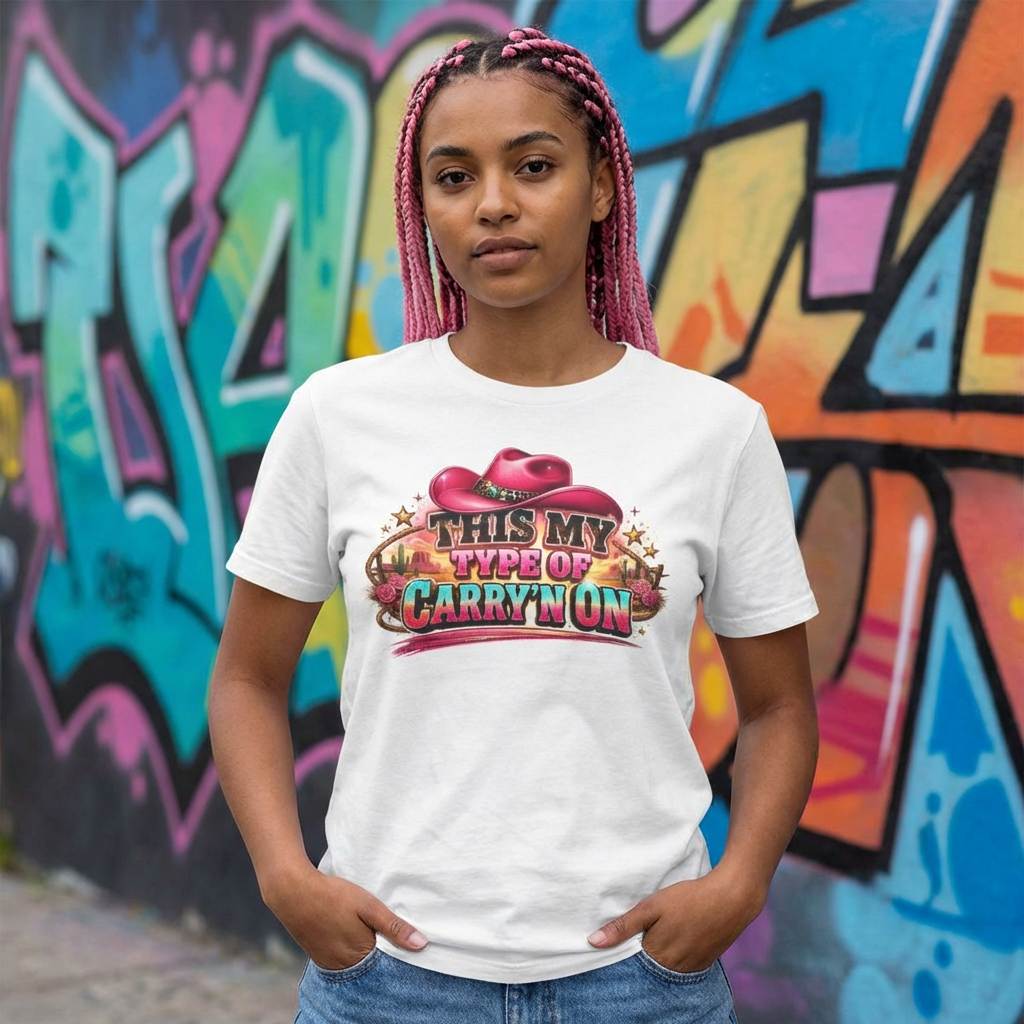 This My Type Of Carry'n On Tee - Pink Cowboy Hat Western Graphic T-Shirt