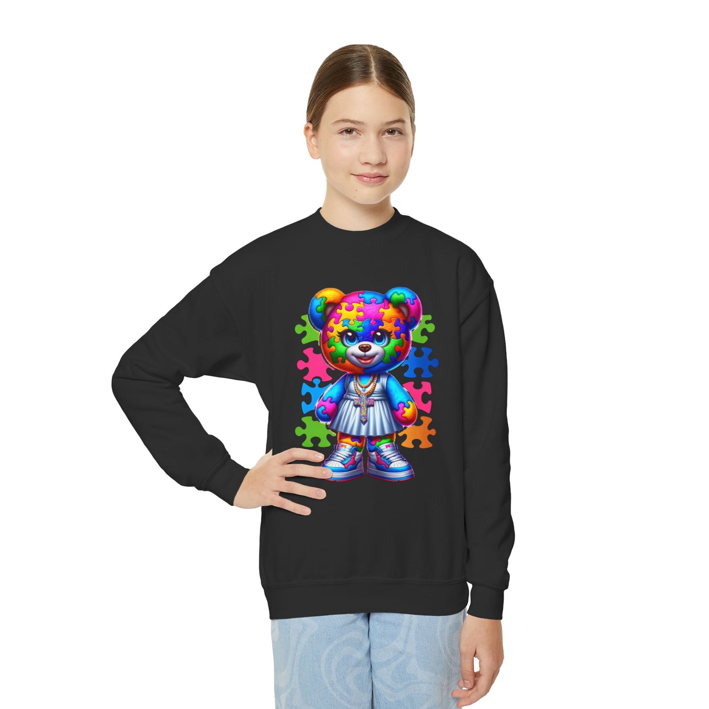 Autism Puzzle Bear Youth Crewneck Sweatshirt