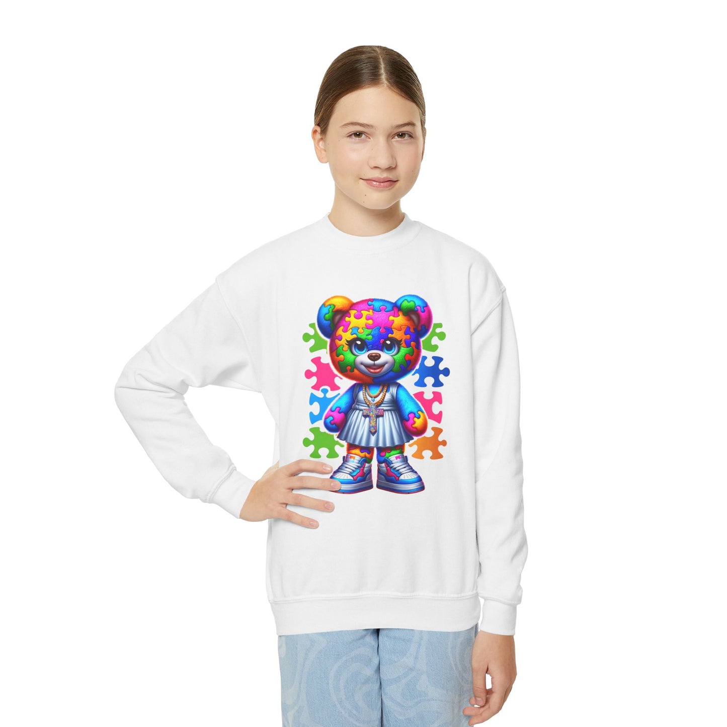 Autism Puzzle Bear Youth Crewneck Sweatshirt