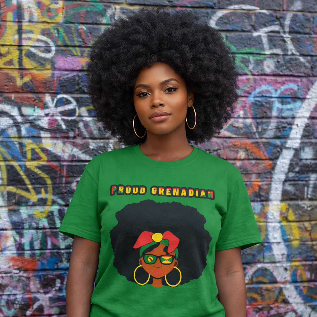 Proud Grenadian T-Shirt — Afro Woman with Headwrap & Bold Text