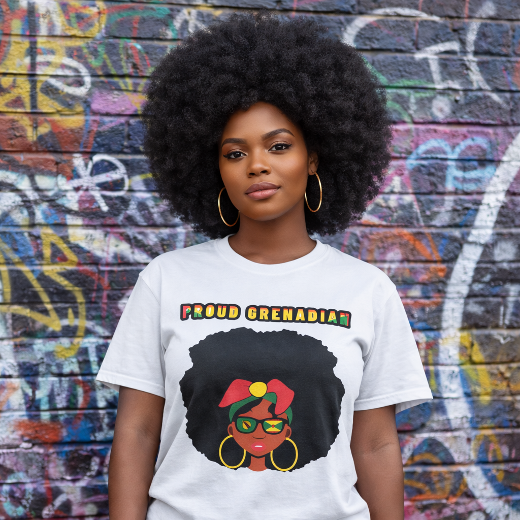 Proud Grenadian T-Shirt — Afro Woman with Headwrap & Bold Text