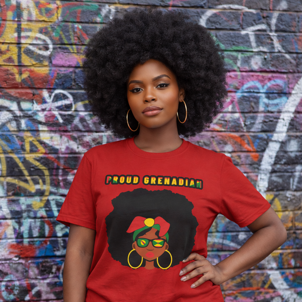 Proud Grenadian T-Shirt — Afro Woman with Headwrap & Bold Text