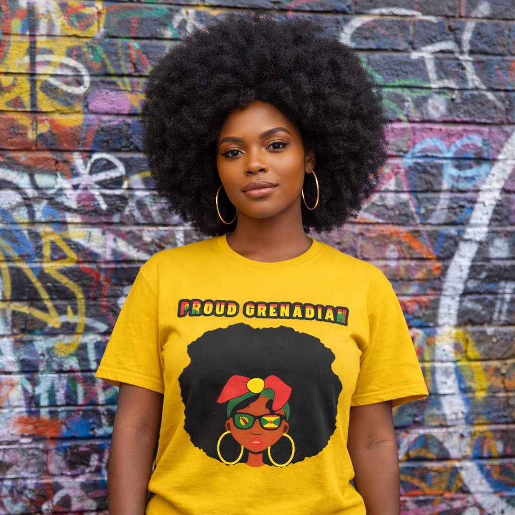 Proud Grenadian T-Shirt — Afro Woman with Headwrap & Bold Text