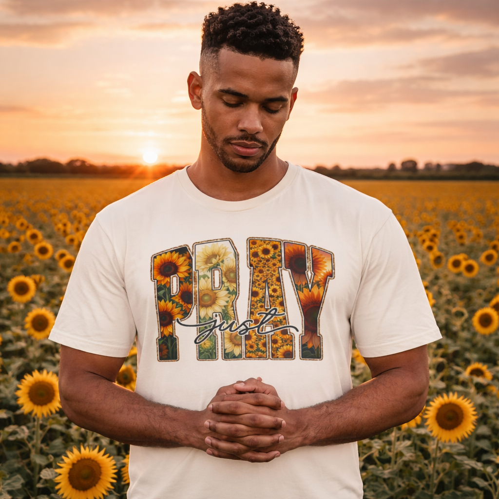 PRAY Floral Sunflower Tee — “just” Script Inspirational Prayer Shirt