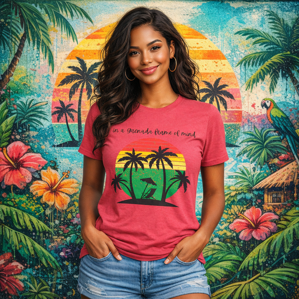 Grenada Vacation T-Shirt - "In a Grenada Frame of Mind" Tropical Palm Sunset Tee