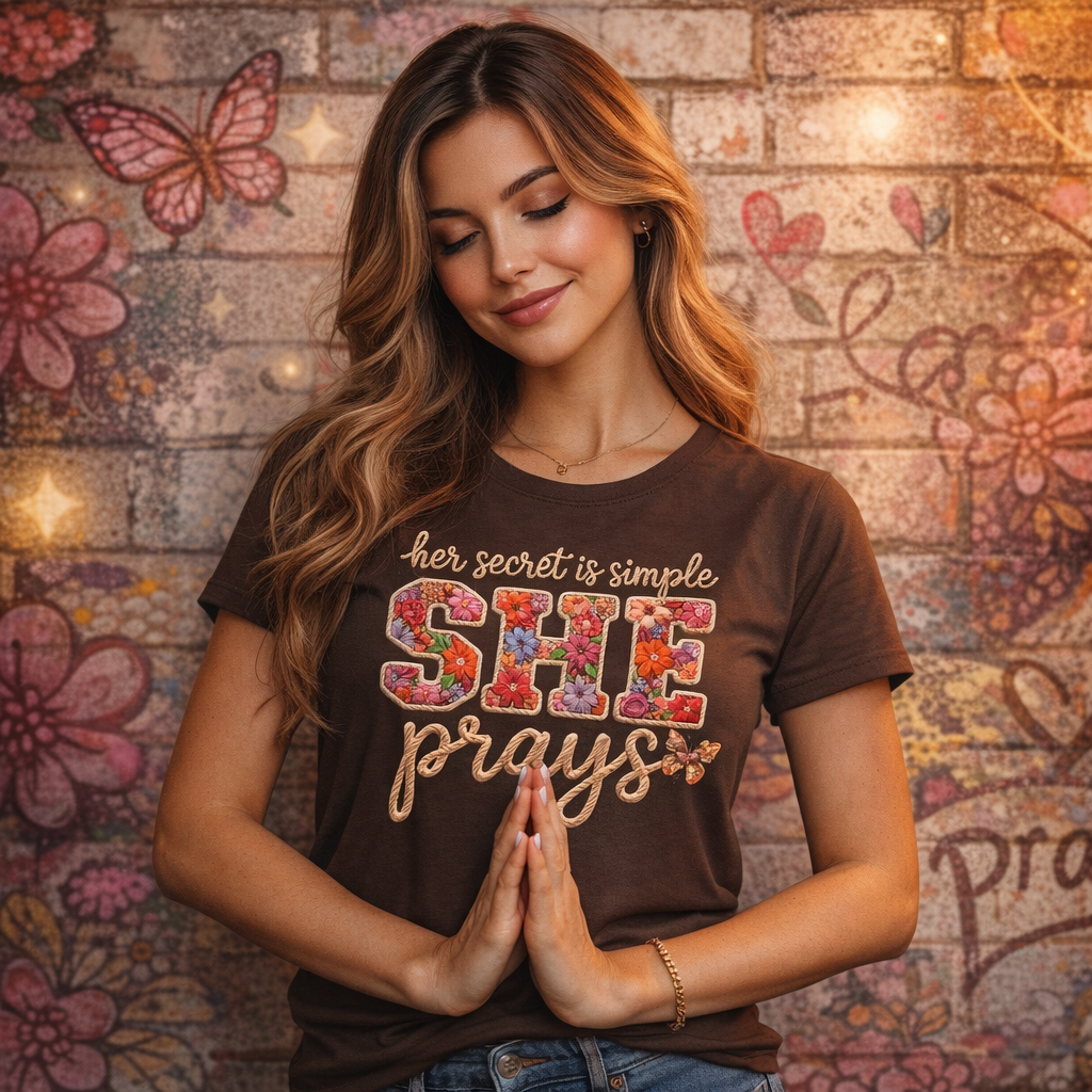 She Prays Floral Tee — Inspirational Christian Women's T‑Shirt
