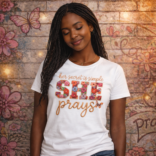 She Prays Floral Tee — Inspirational Christian Women's T‑Shirt