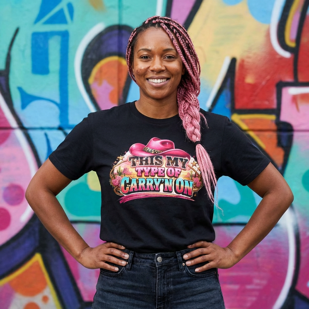 This My Type Of Carry'n On Tee - Pink Cowboy Hat Western Graphic T-Shirt