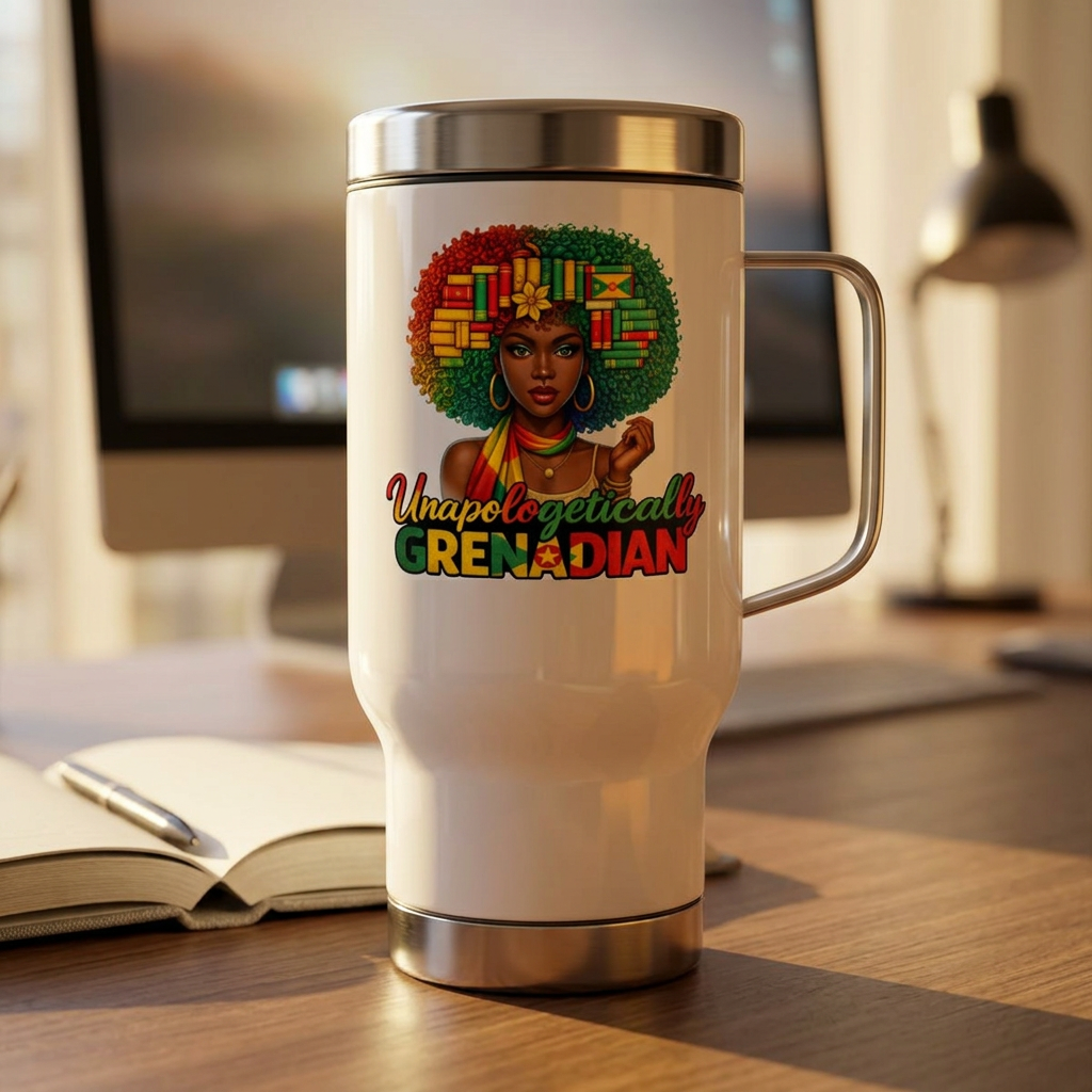 Grenadian Travel Mug – "Unapologetically Grenadian" Stainless Steel 14oz with Handle