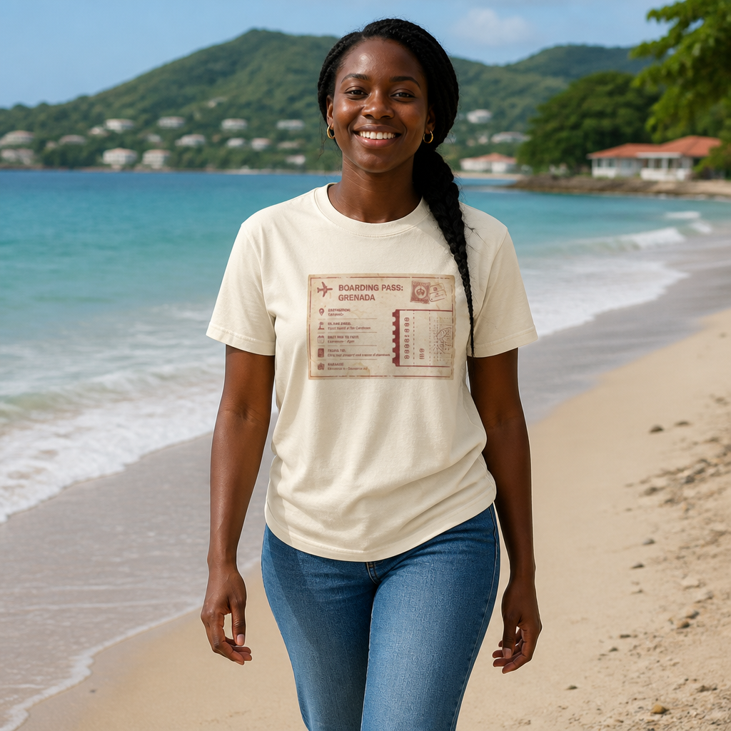 Grenada Boarding Pass Graphic Tee — Vintage Travel Ticket Shirt