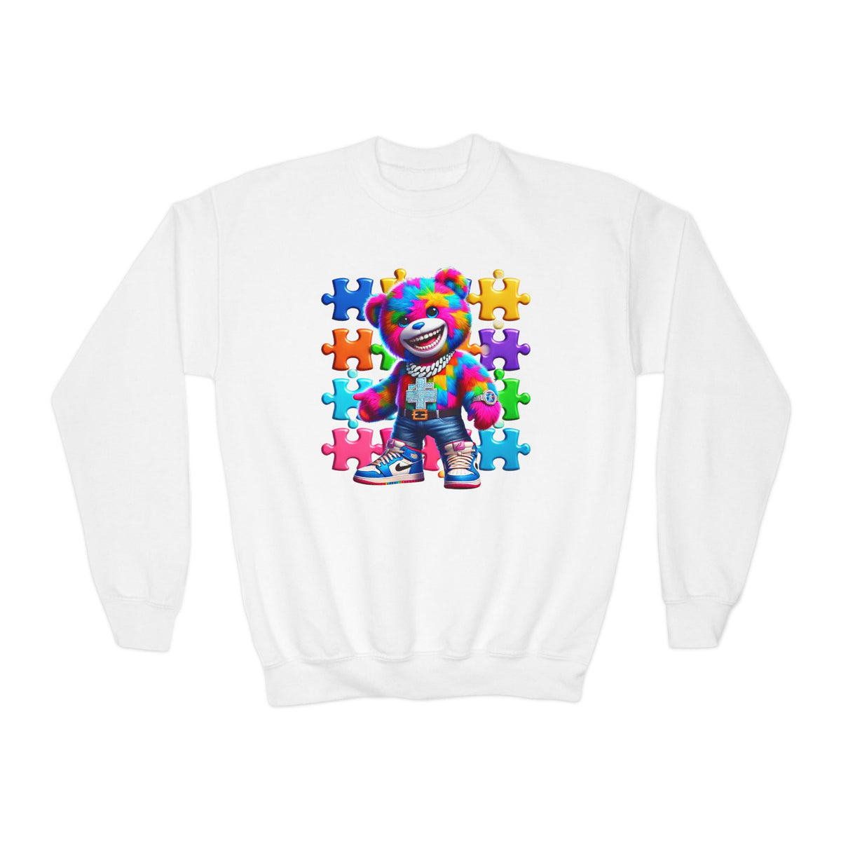 Youth Crewneck Sweatshirt - Colorful Puzzle Bear Autism Awareness Pullover