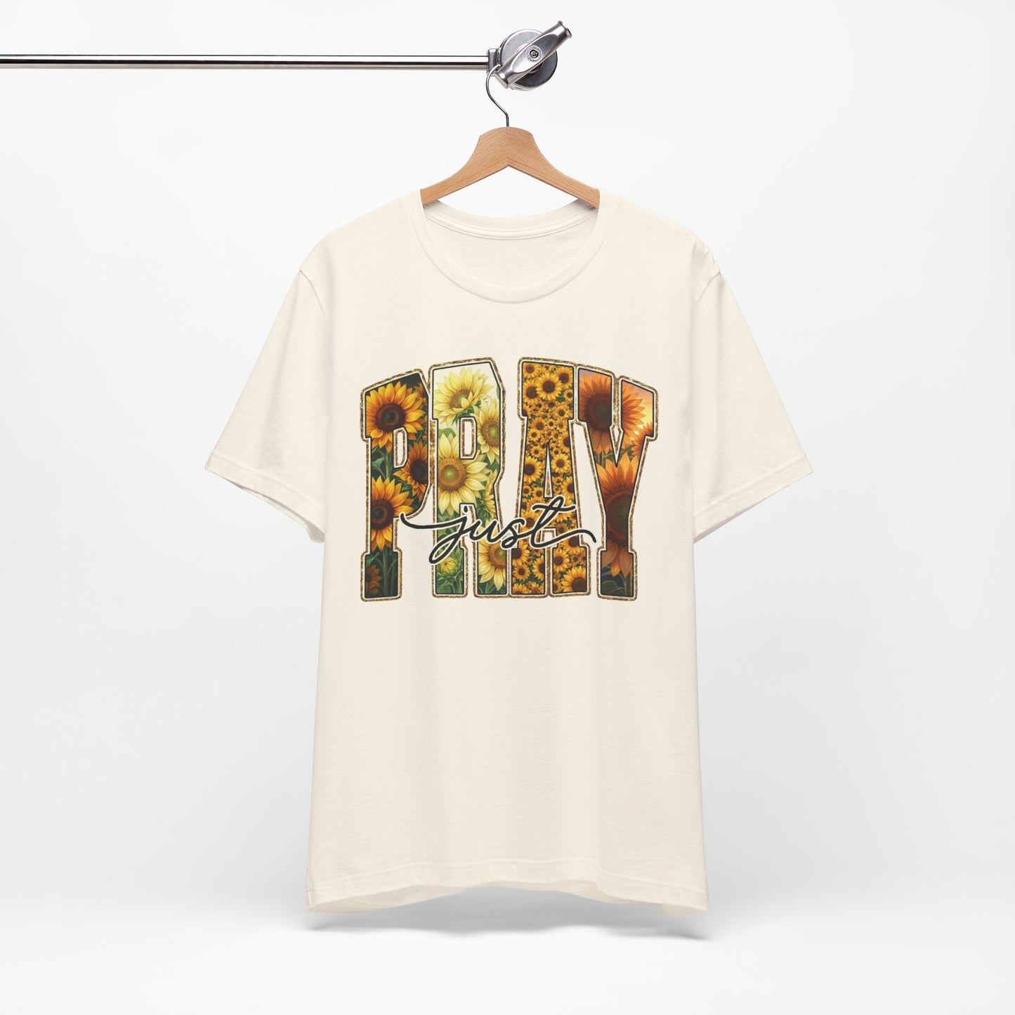 PRAY Floral Sunflower Tee — “just” Script Inspirational Prayer Shirt